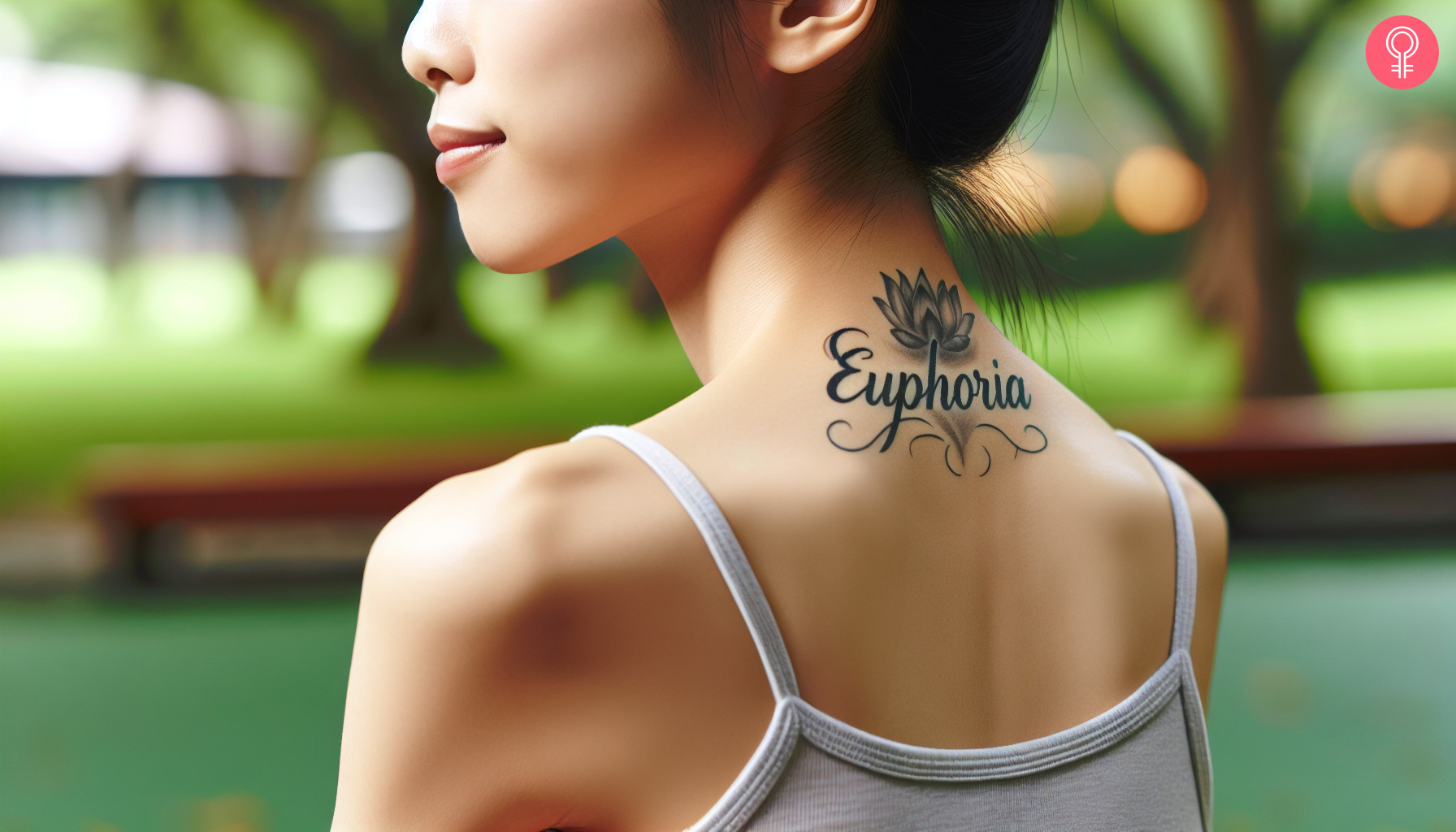 Woman with an euphoria back of the neck tattoo