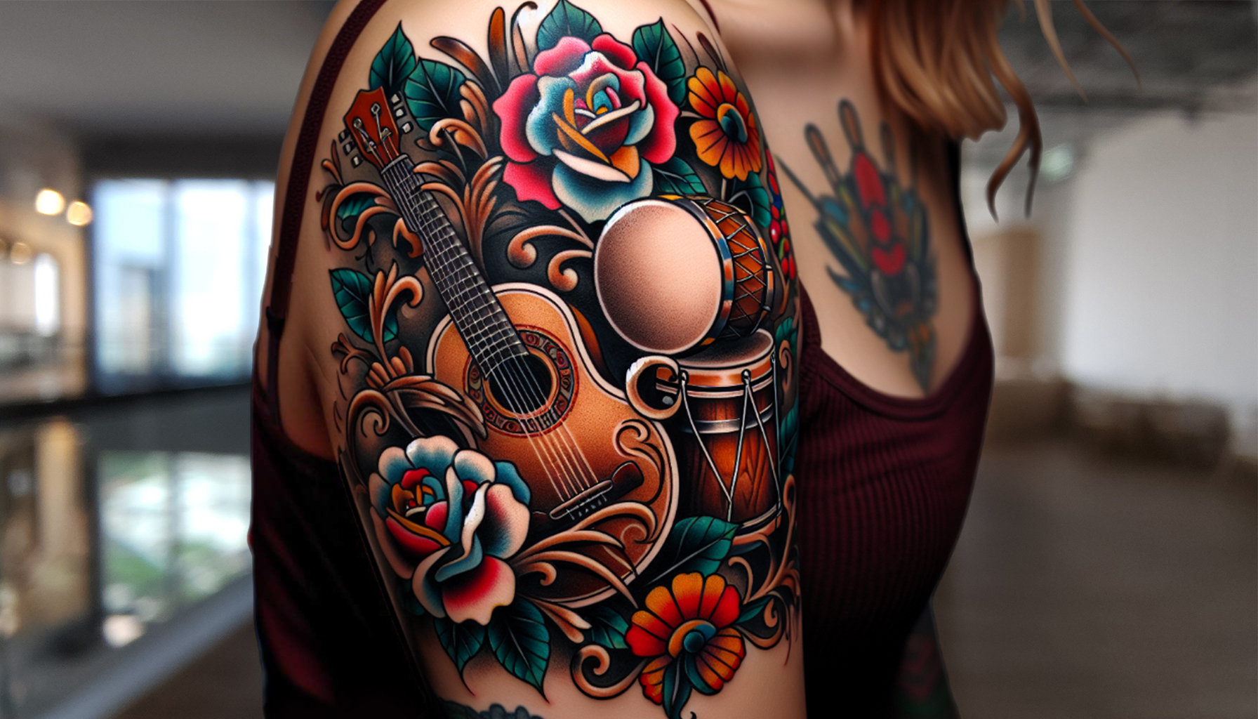 Woman with an old school floral drum tattoo on the upper arm