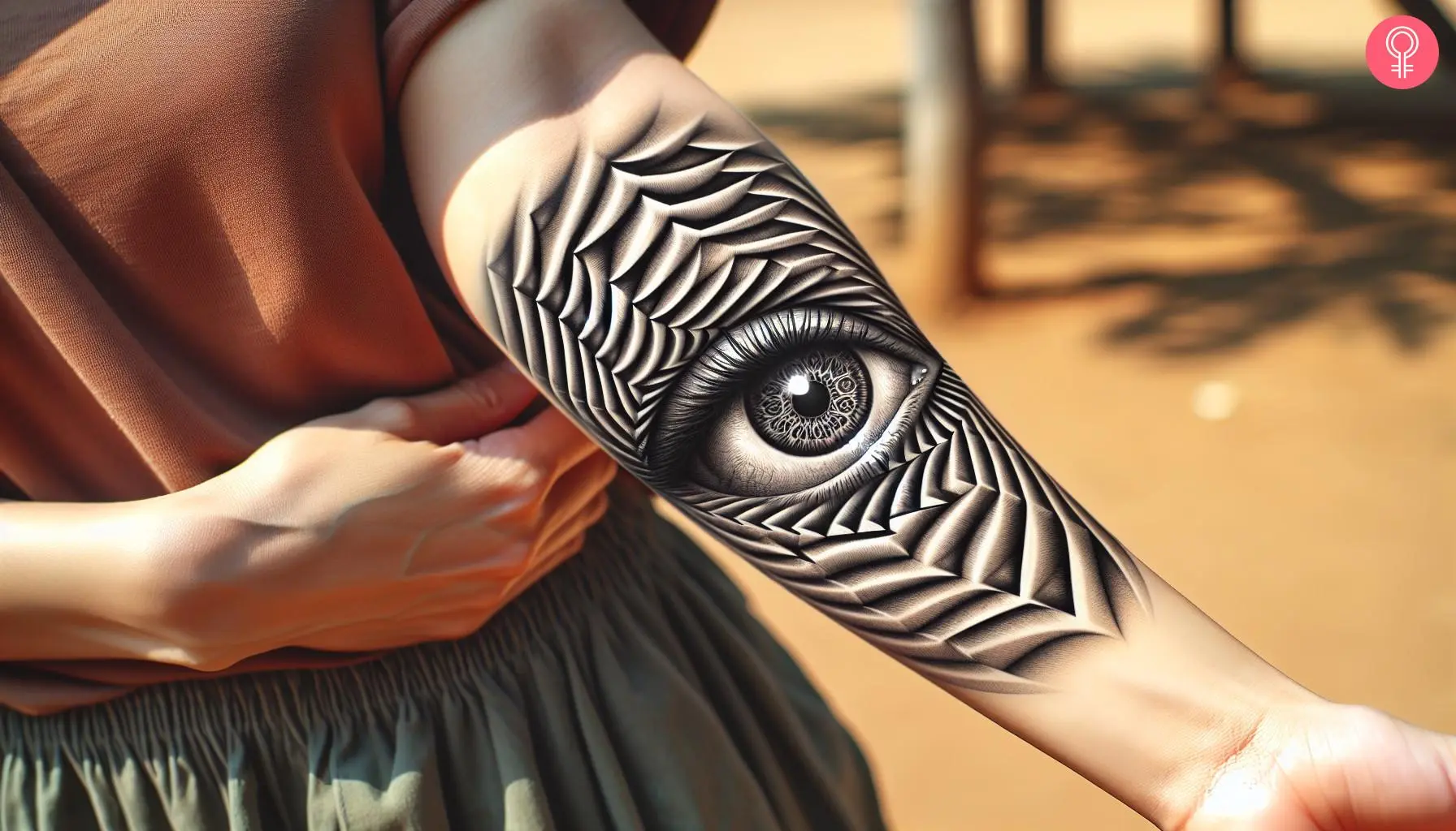 Woman with an optical illusion realistic 3D tattoo on the forearm