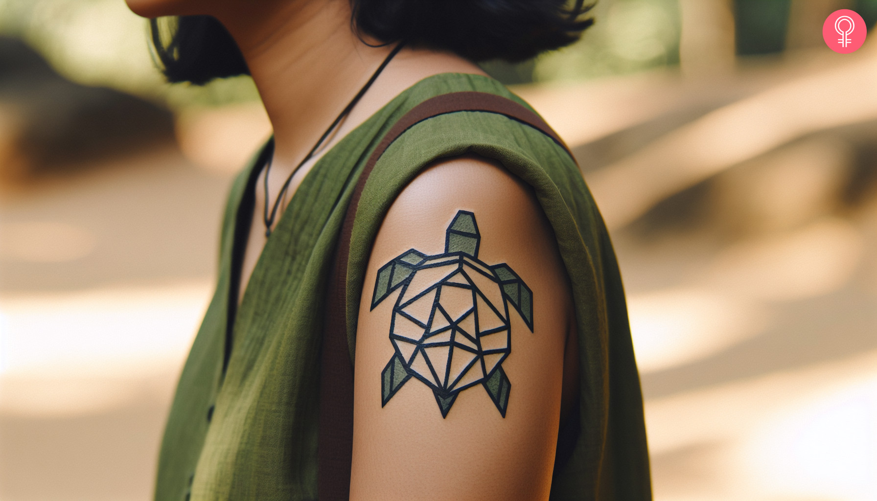 Woman with an origami turtle tattoo on the upper arm