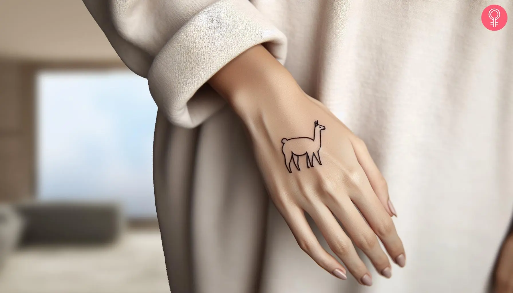 Woman with an outline llama tattoo on the back of the hand