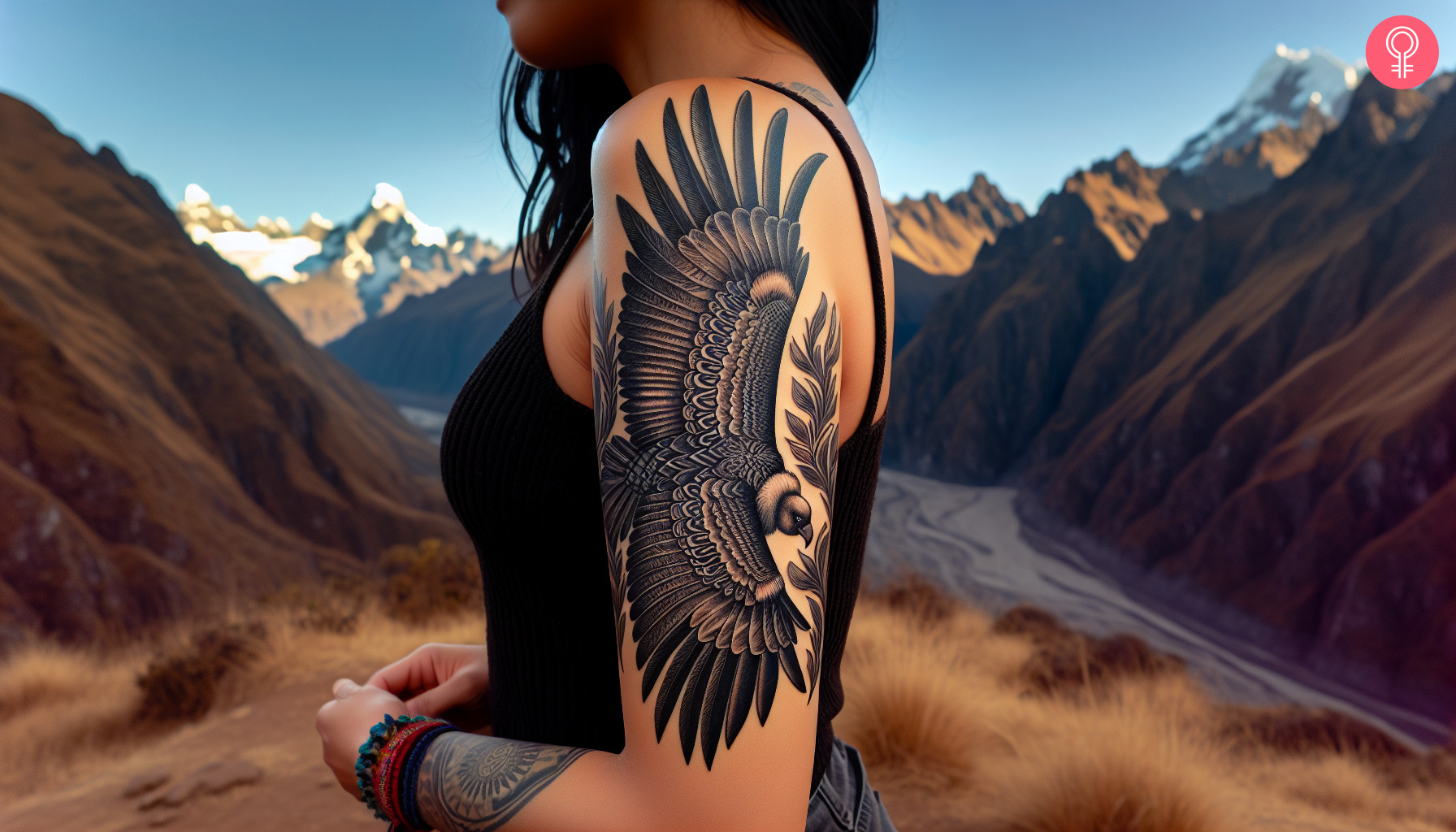 Woman with andean condor tattoo on her arm