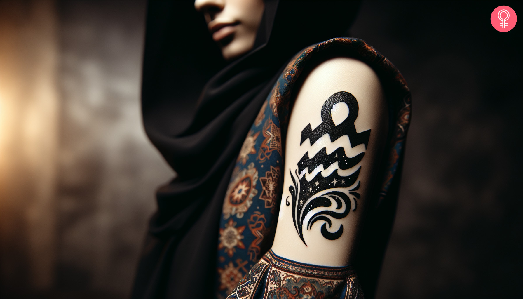 Woman with aquarius glyph tattoo on her outer arm