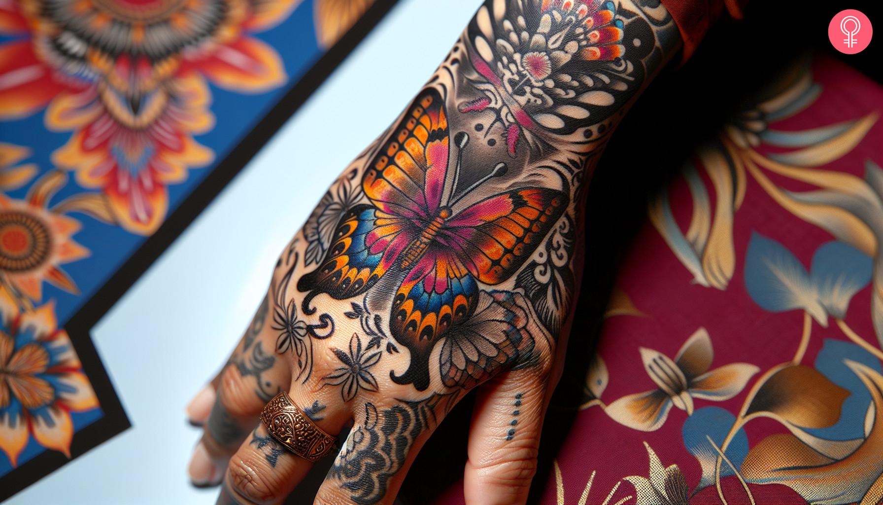 Woman with artistic butterfly tattoo on her wrist