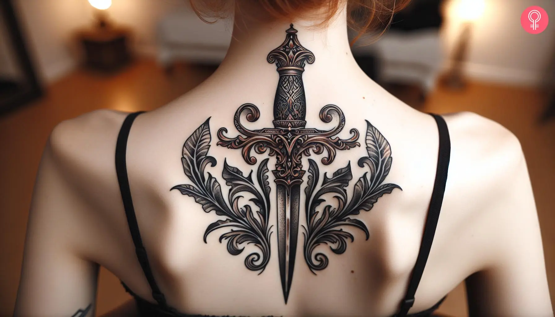 Woman with artistic dagger tattoo on her upper back