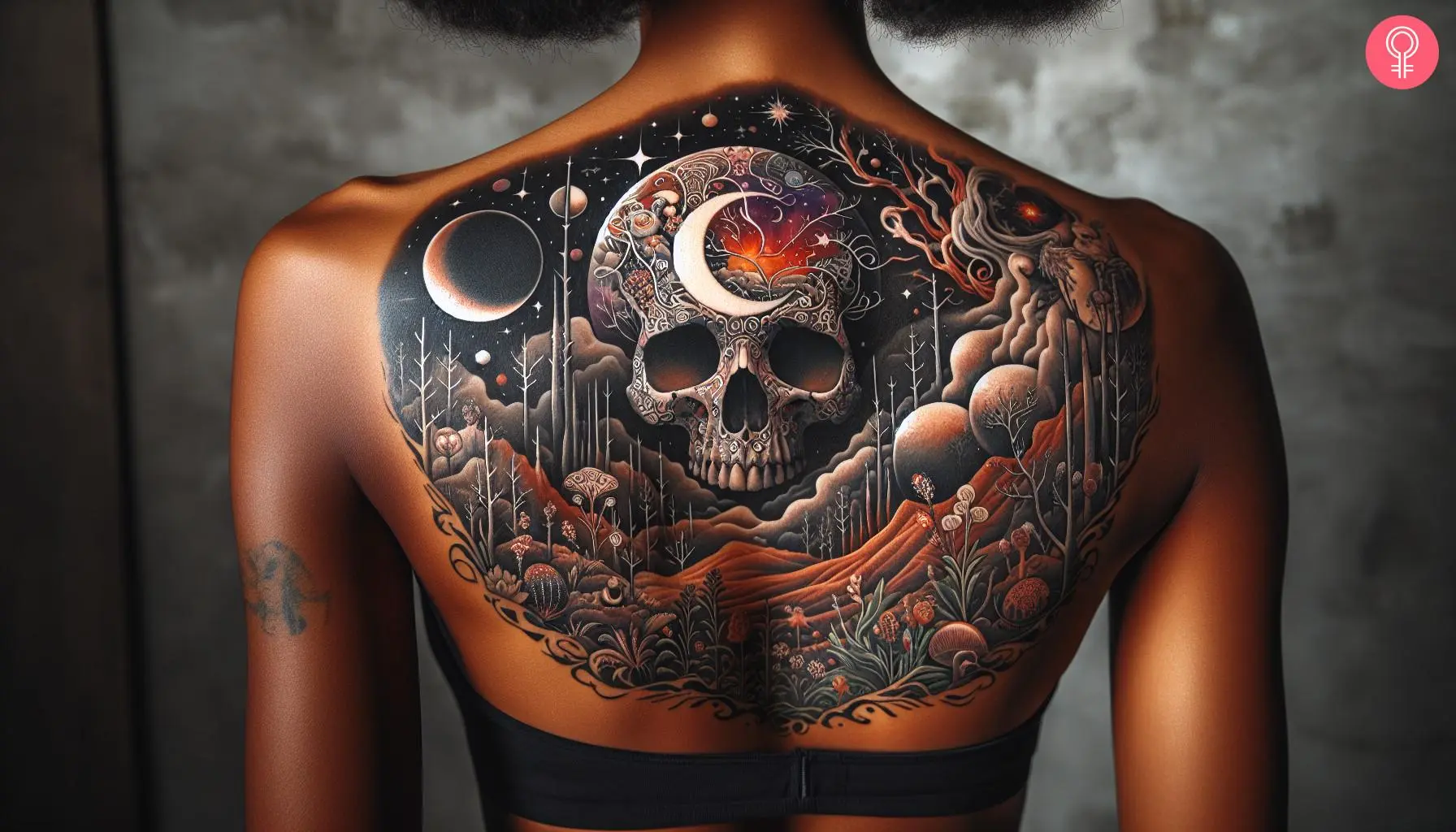 Woman with artistic realm tattoo on her upper back