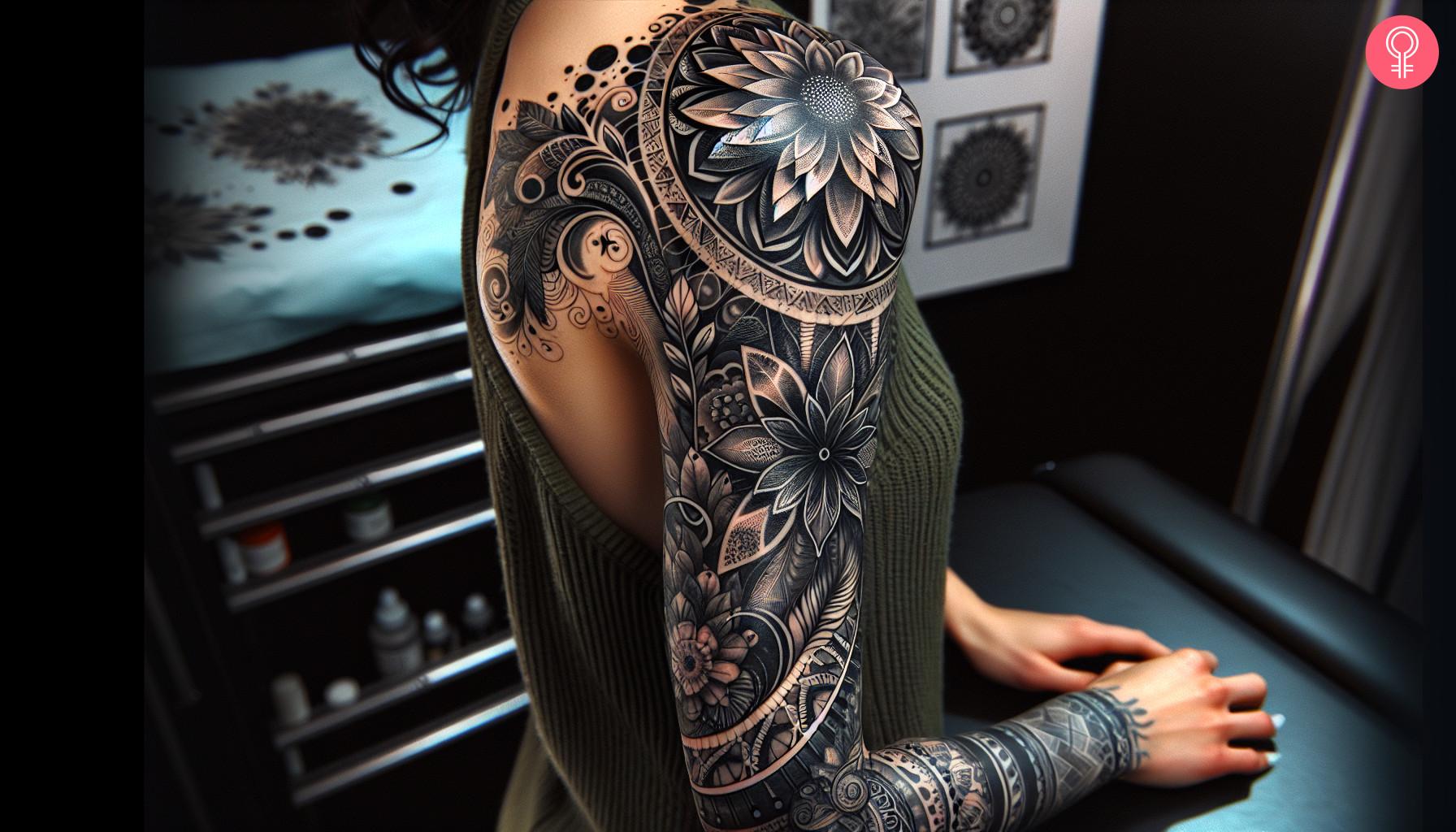 Woman with artistic sleeve tattoo