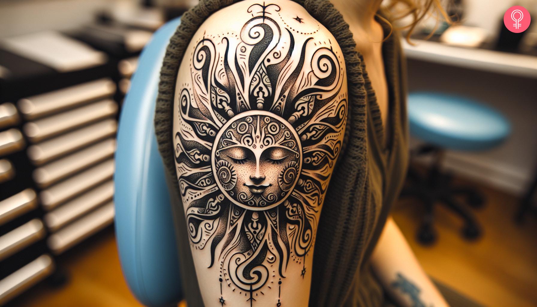 Woman with artistic sun tattoo on her outer arm