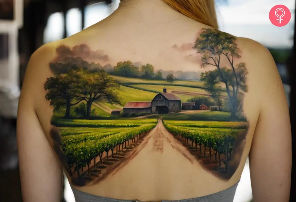 Woman with back farming tattoo