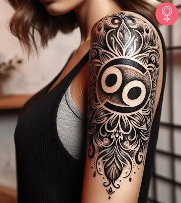 Woman with cancer glyph tattoo on her arm