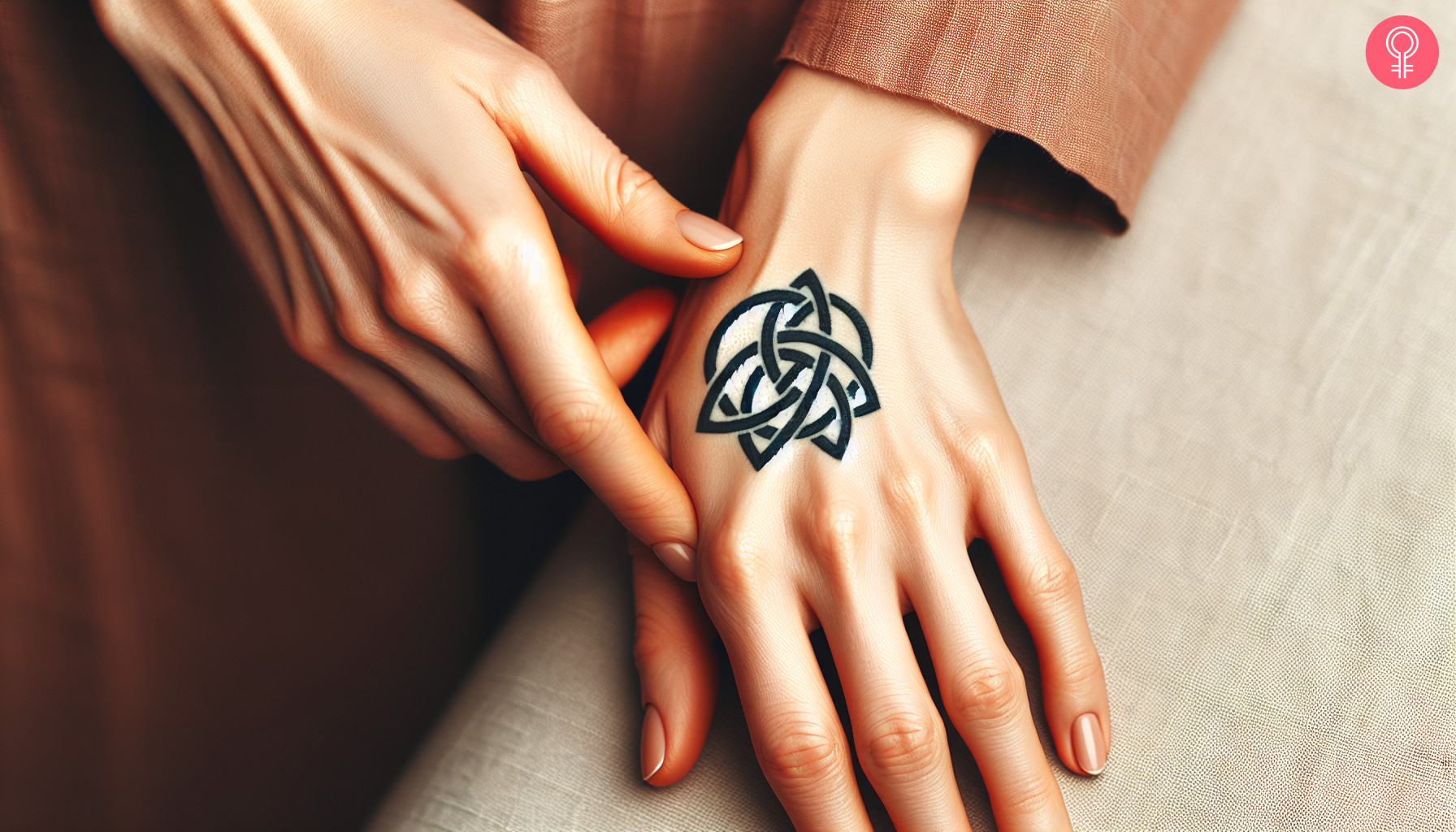 Woman with celtic motherhood knot tattoo on her hand