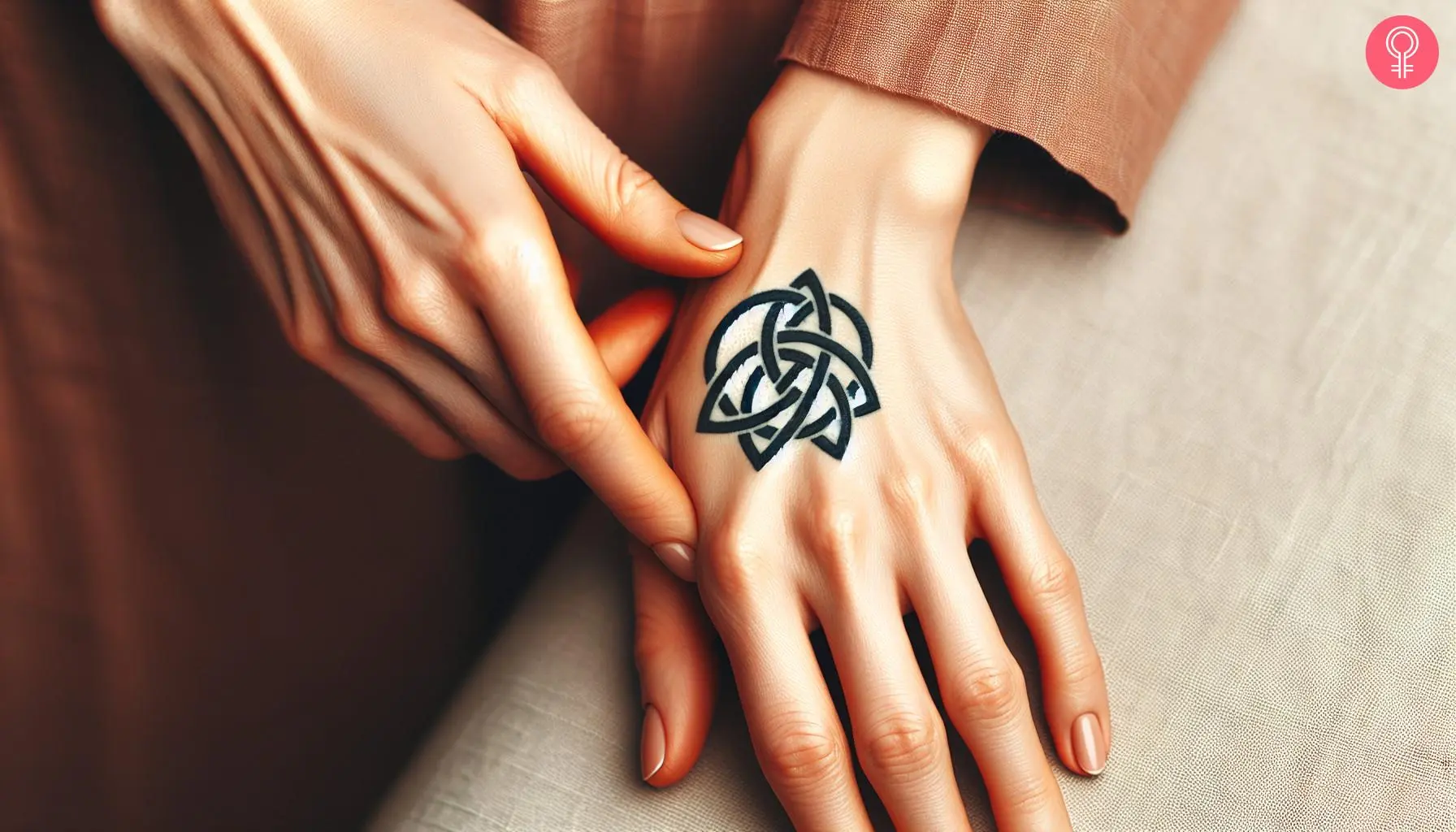 Woman with celtic motherhood knot tattoo on her hand