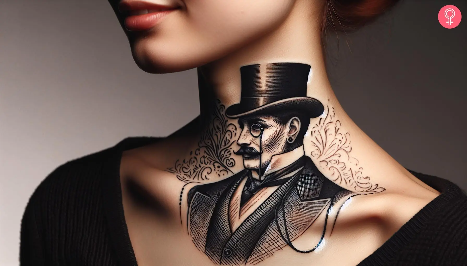 Woman with classy gentleman tattoo on her neck