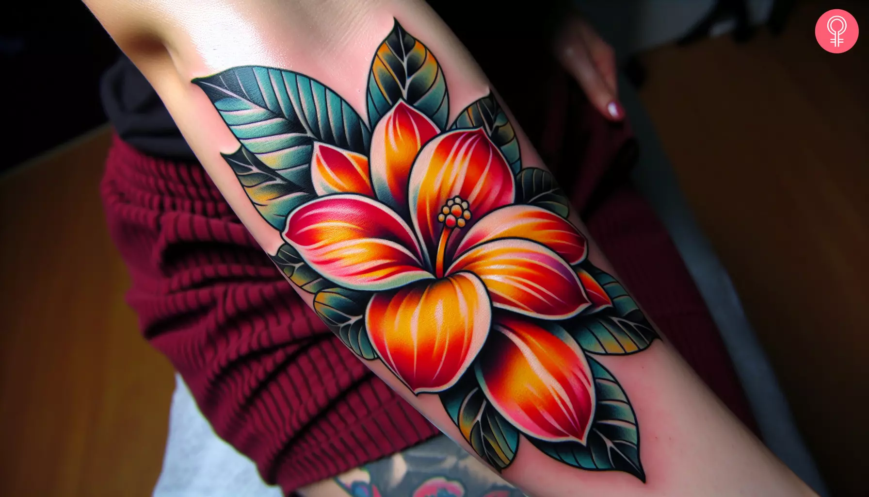 Woman with colored gardenia tattoo