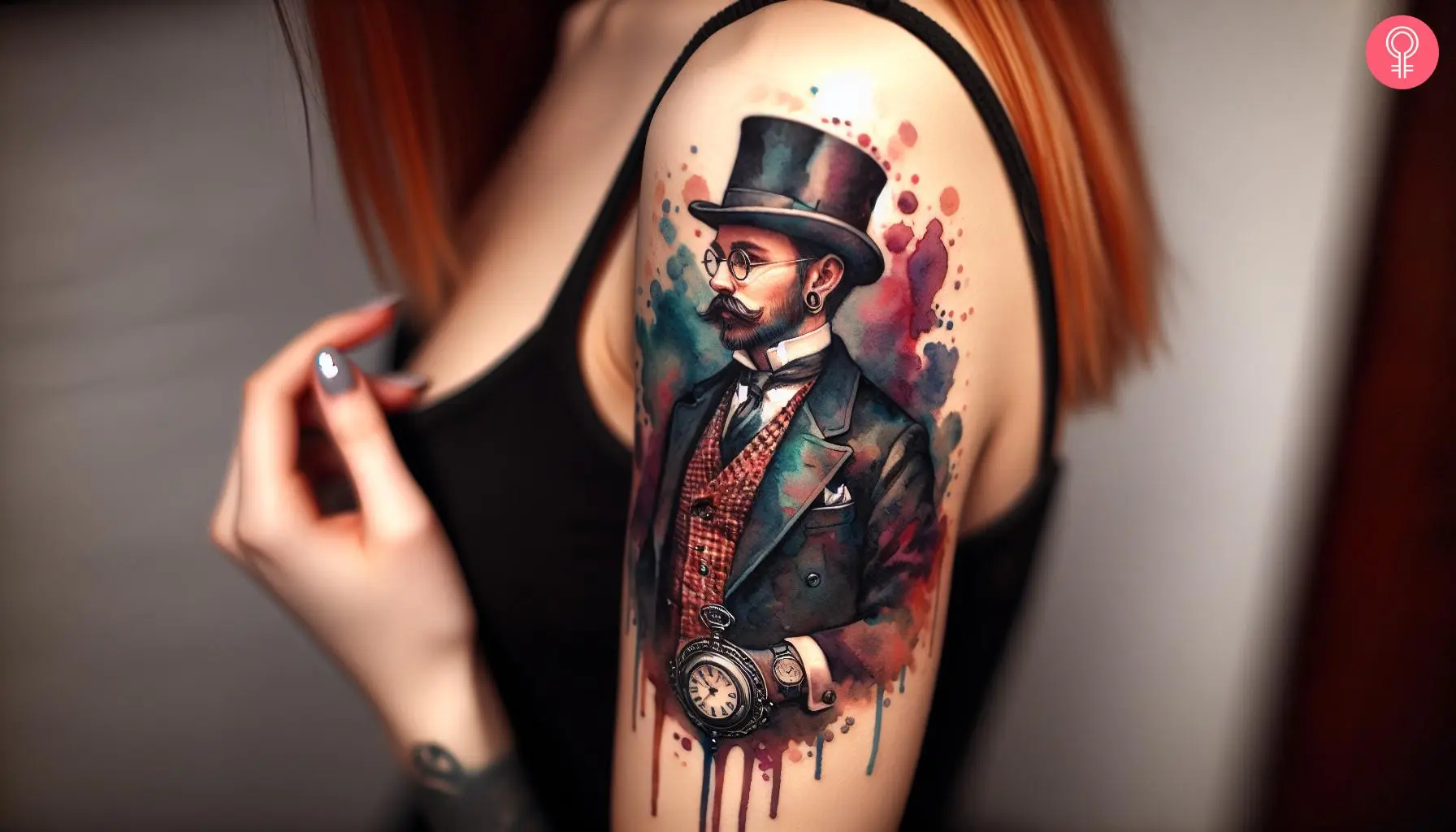 Woman with colorful gentleman tattoo on her arm