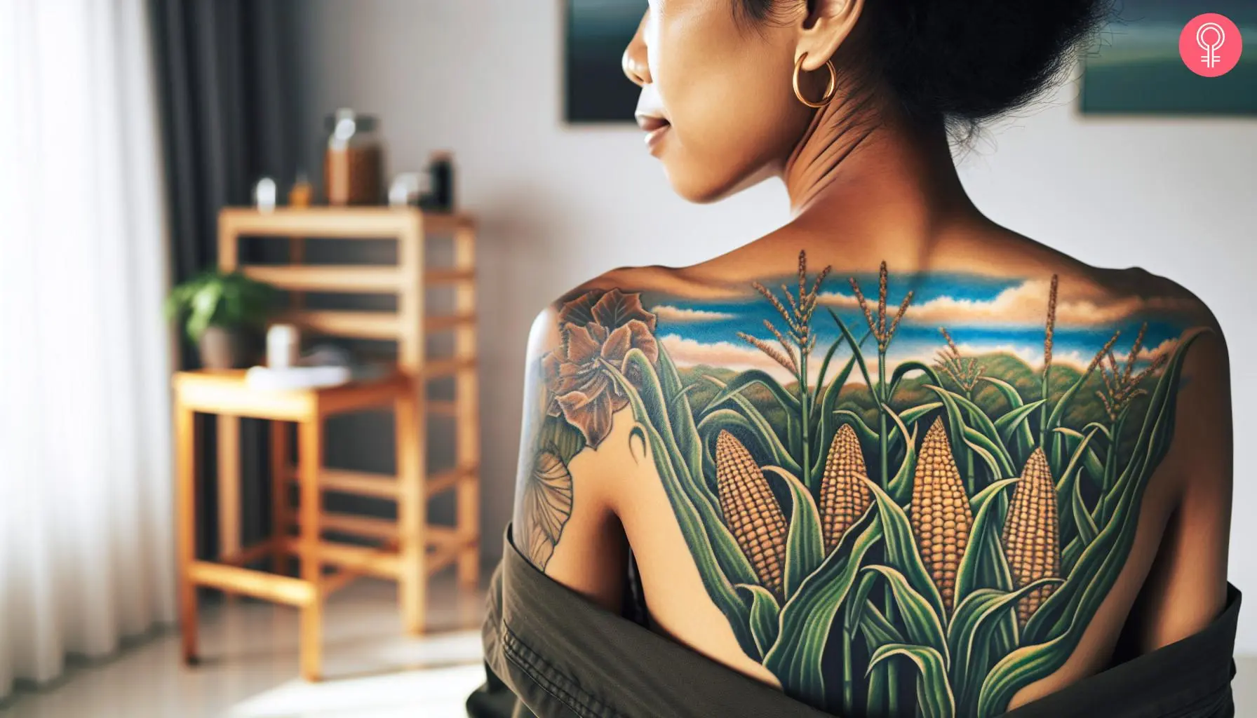 Woman with cornfield tattoo on her upper back