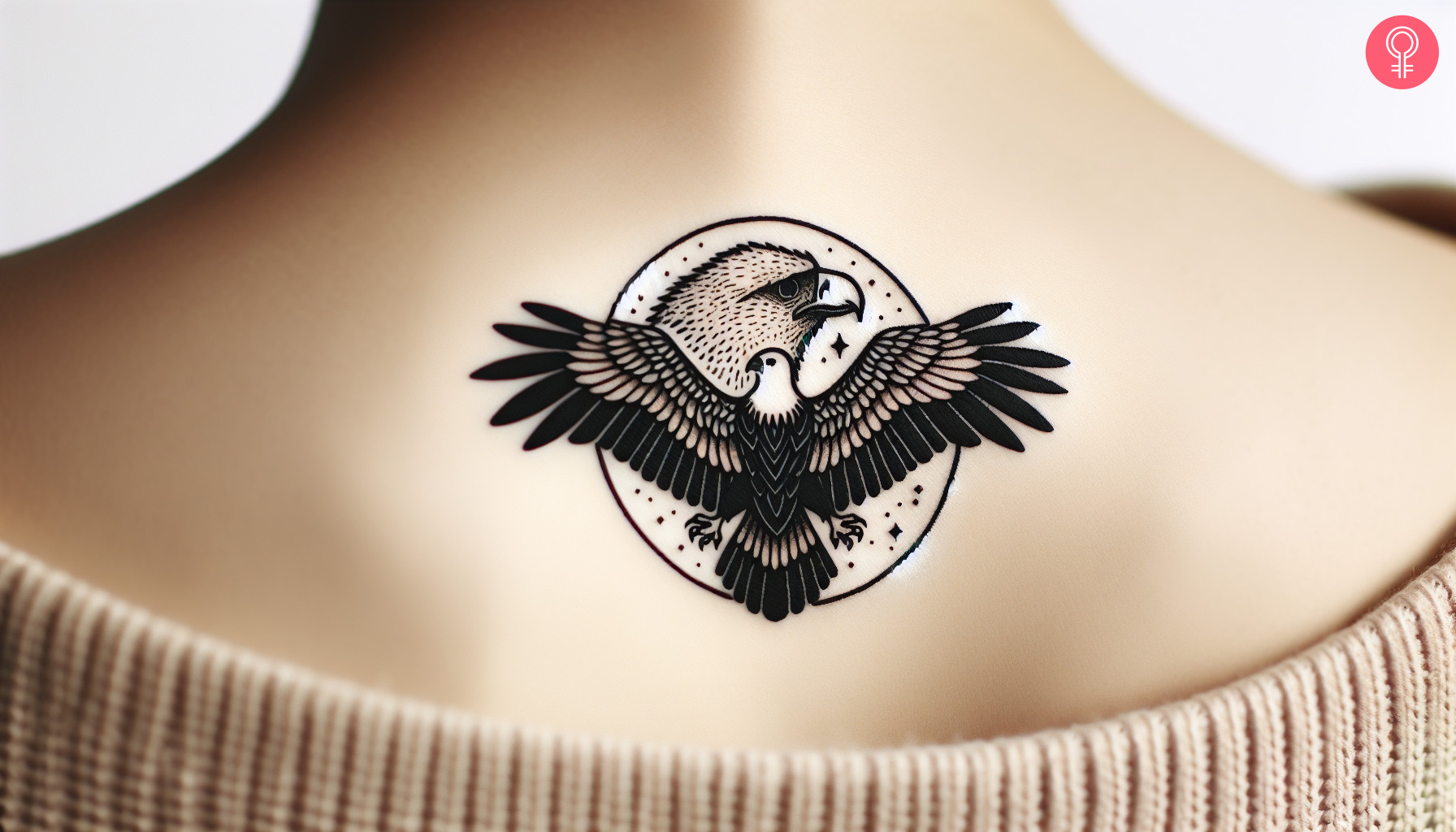 Woman with eagle and condor tattoo on her upper back