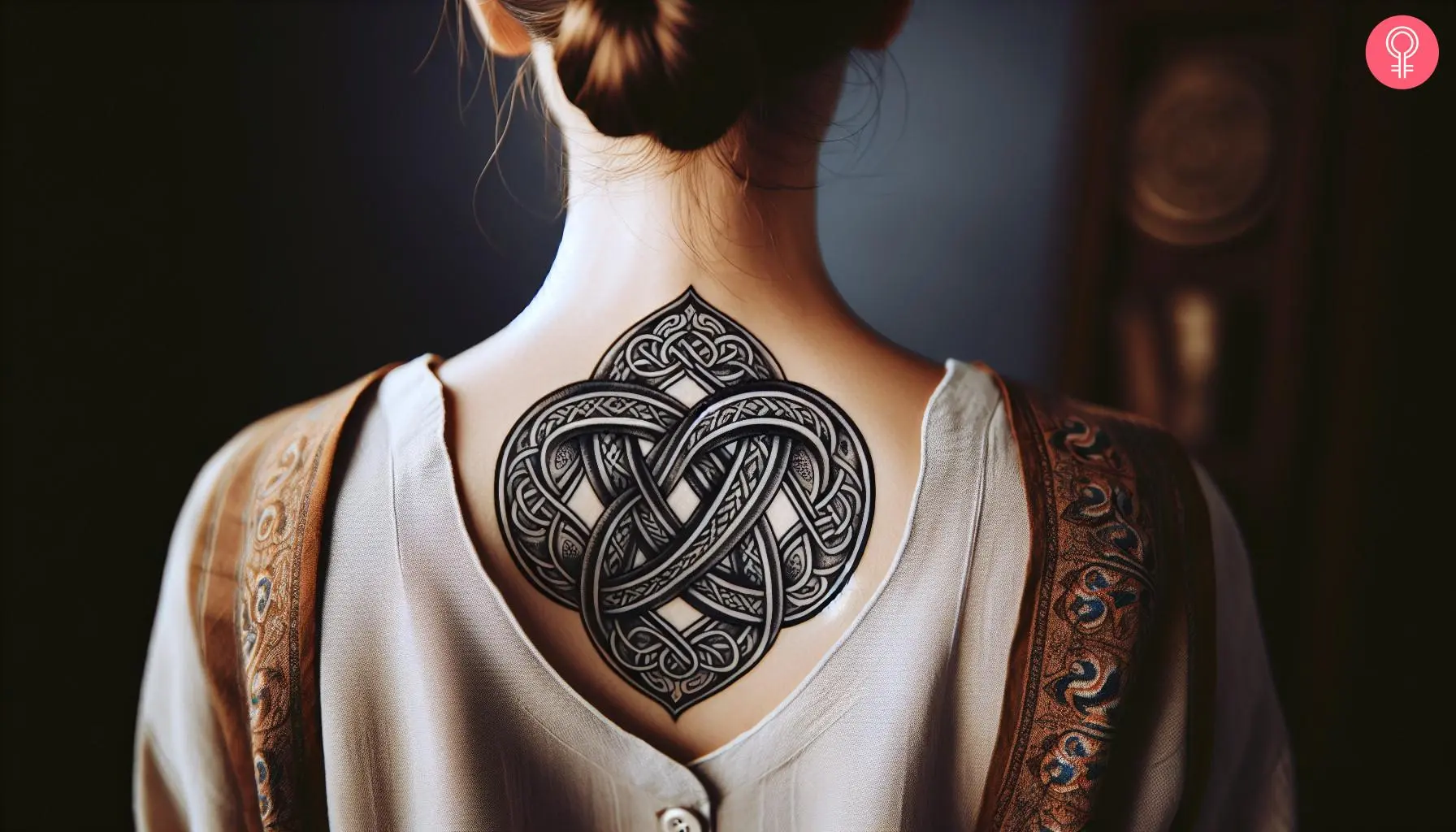 Woman with eternal knot tattoo on her upper back