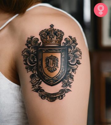 A woman with a hibiscus tattoo on her upper arm