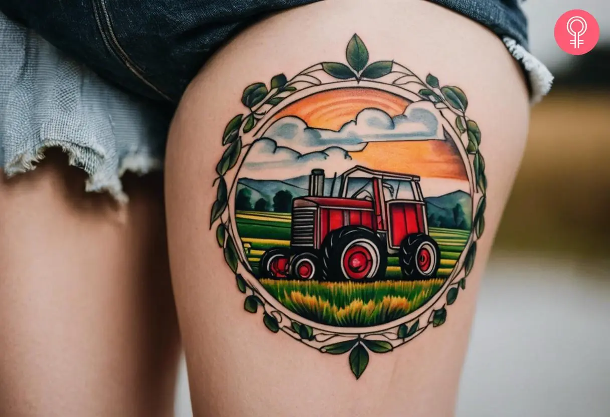 Woman with farming memorial tattoo on her thigh