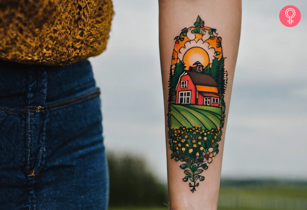 Woman with forearm farming tattoo