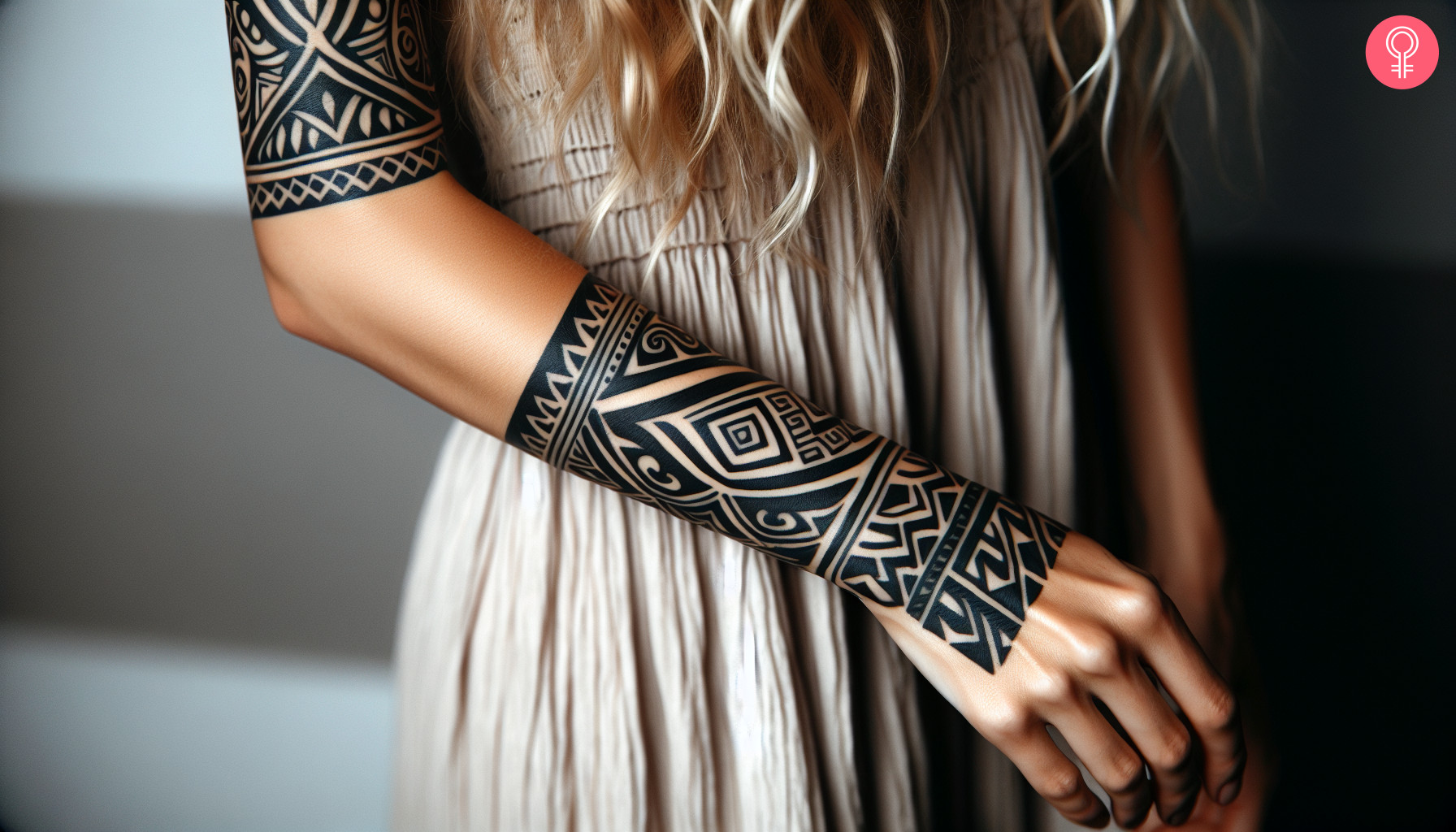 Woman with forearm marquesan tattoo