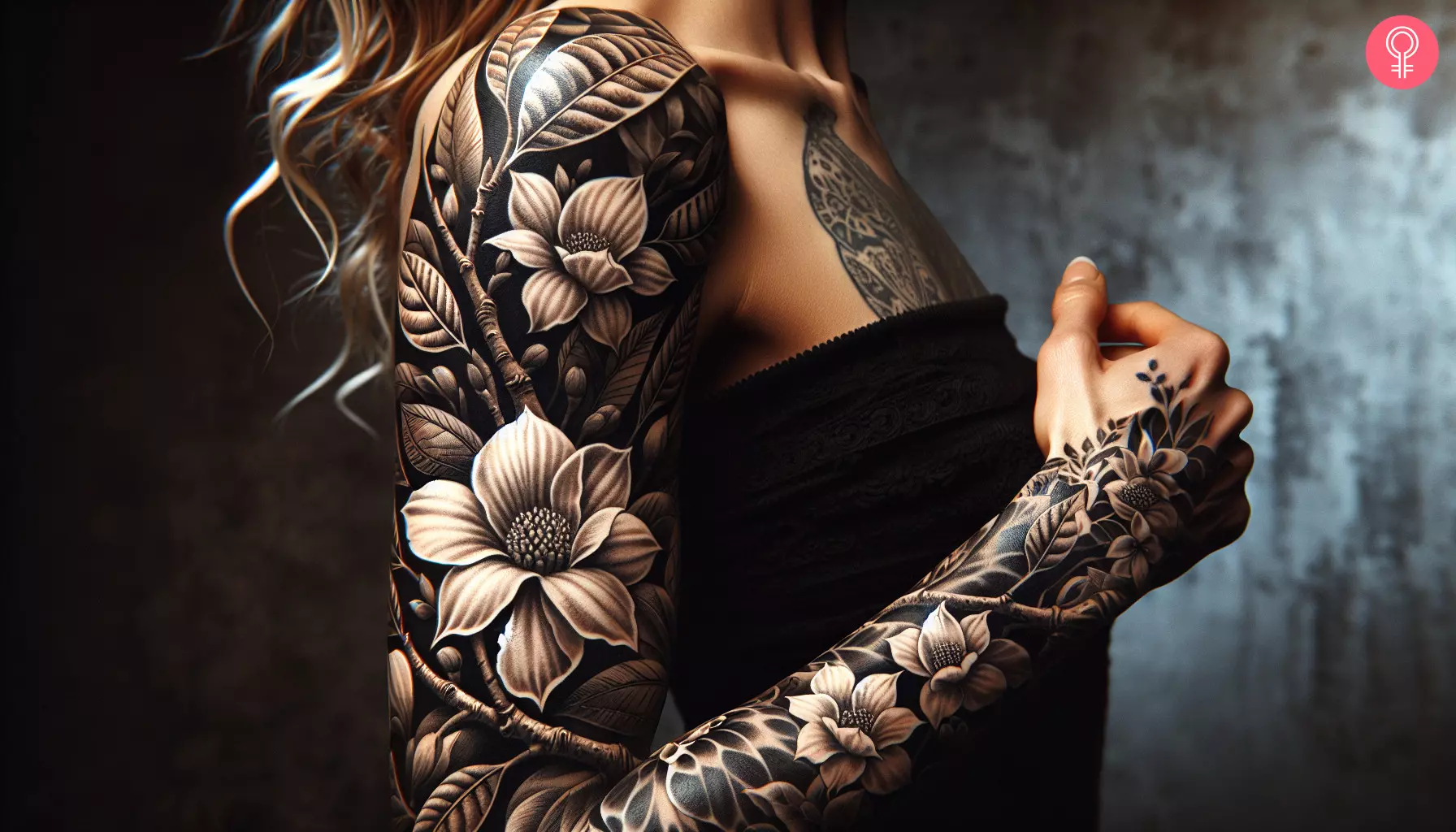 Woman with gardenia sleeve tattoo