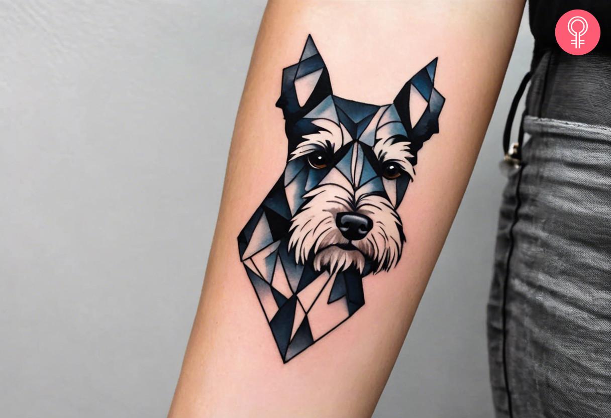 Woman with geometric schnauzer tattoo on forearm