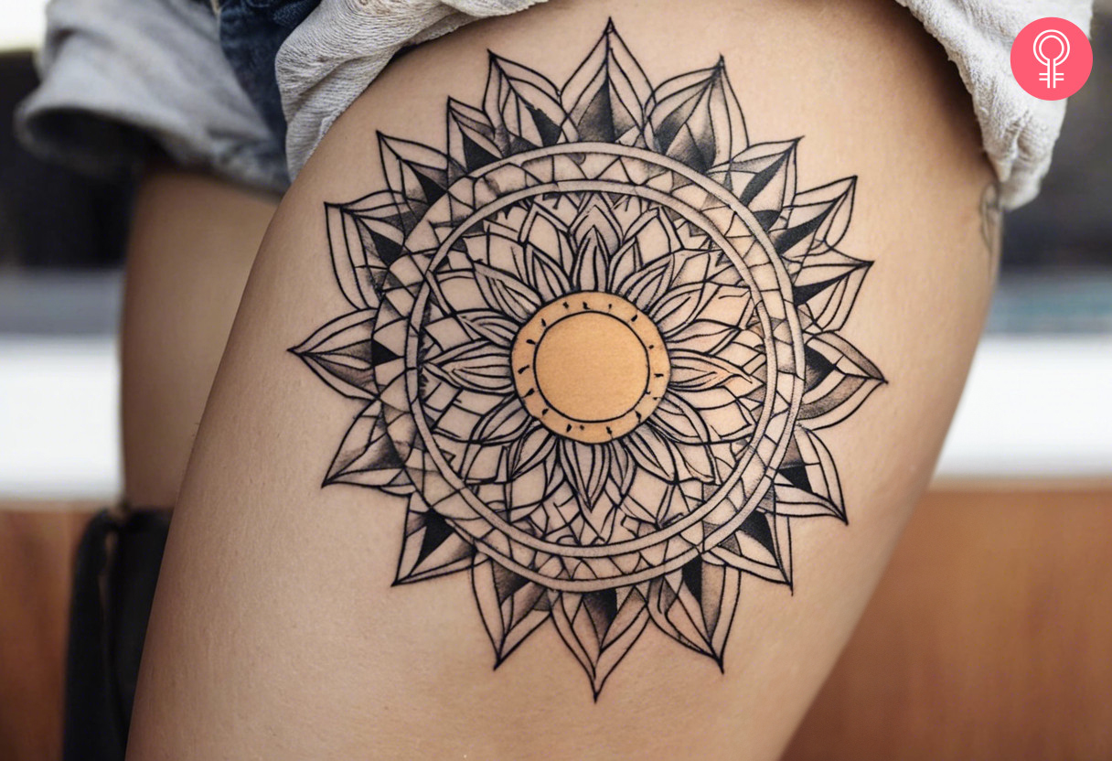 Woman with geometric sun tattoo on her thigh