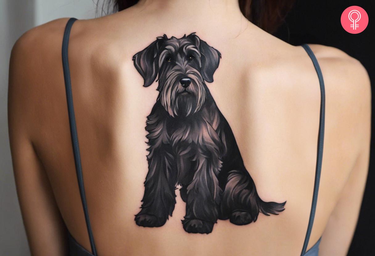 Woman with giant schnauzer tattoo on her upper back