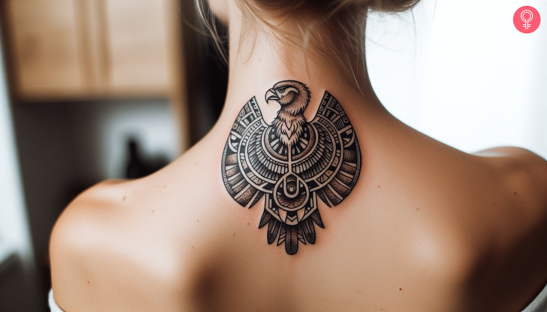 Woman with inca condor tattoo on the back of her neck