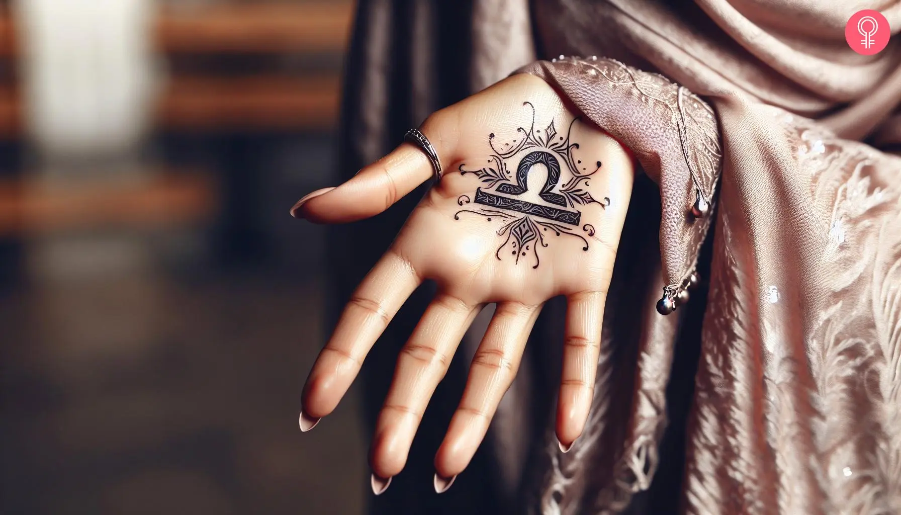 Woman with libra glyph tattoo on her palm