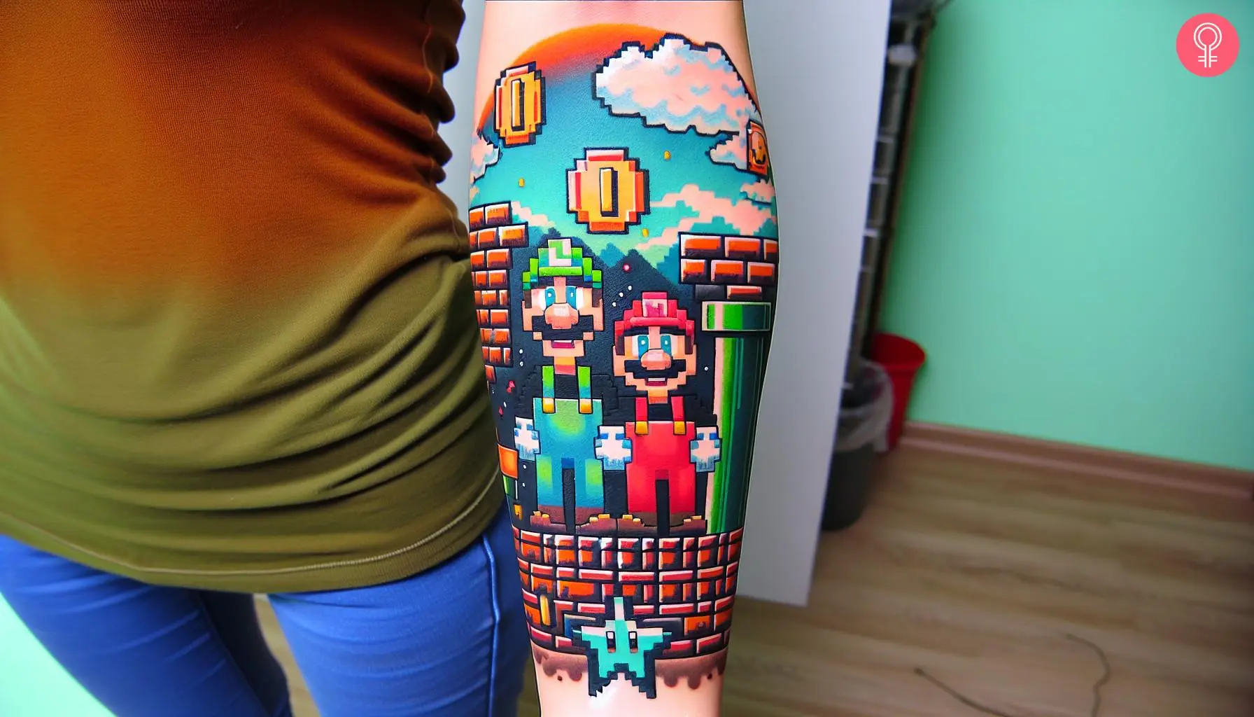 Woman with mario Bros tattoo on her forearm