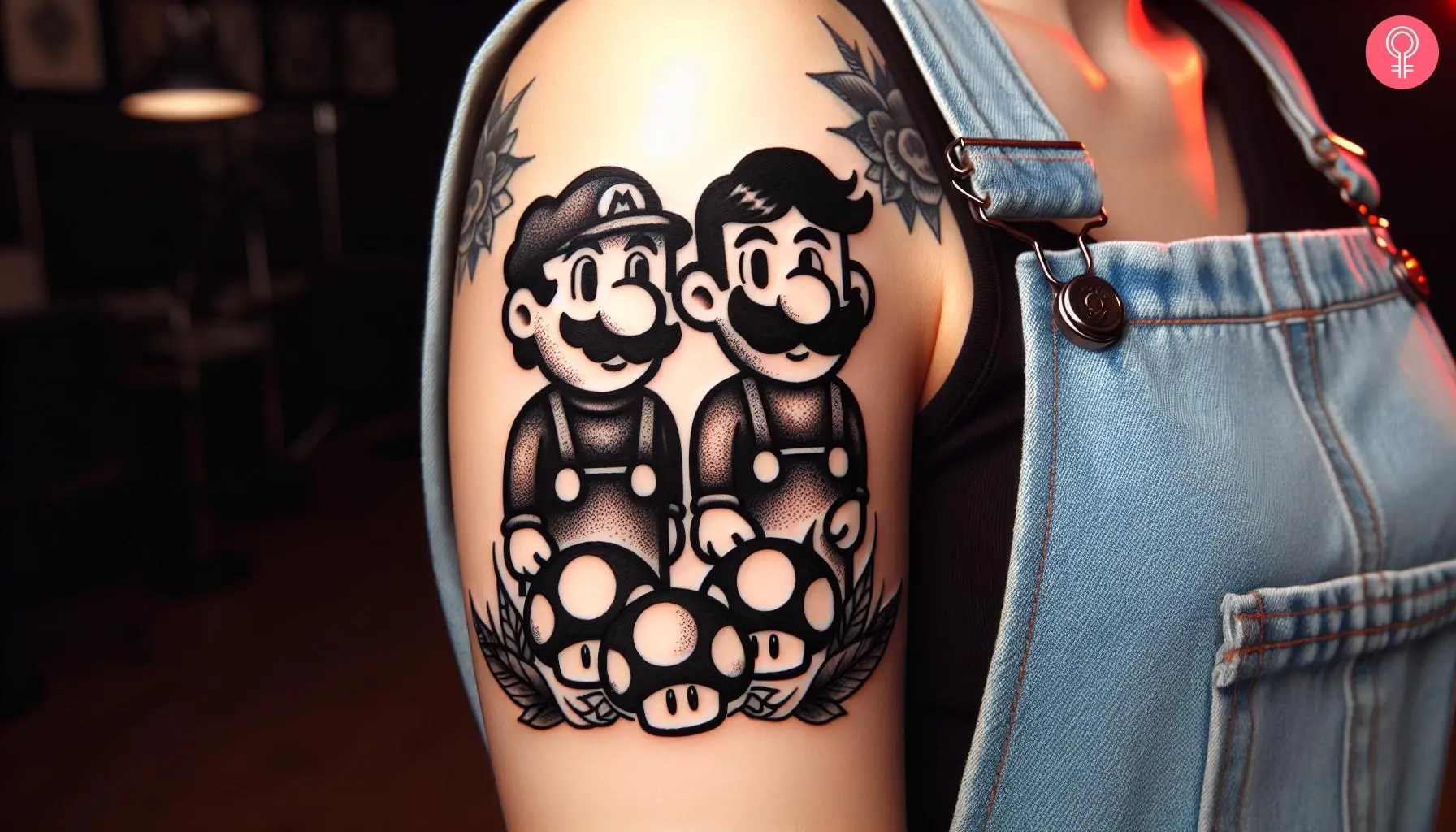 Woman with mario bros tattoo in black on her arm