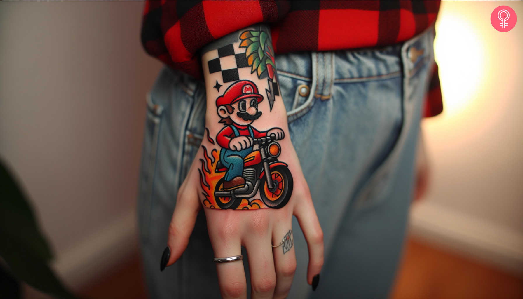 Woman with mario kart tattoo on the back of her palm