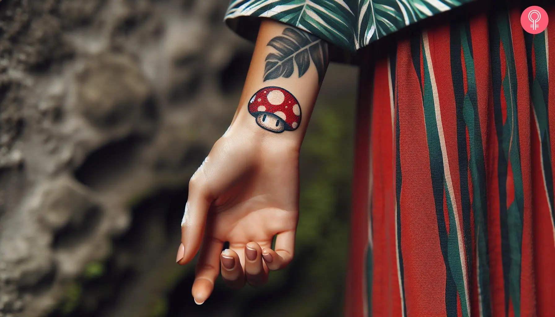 Woman with mario mushroom tattoo on her wrist