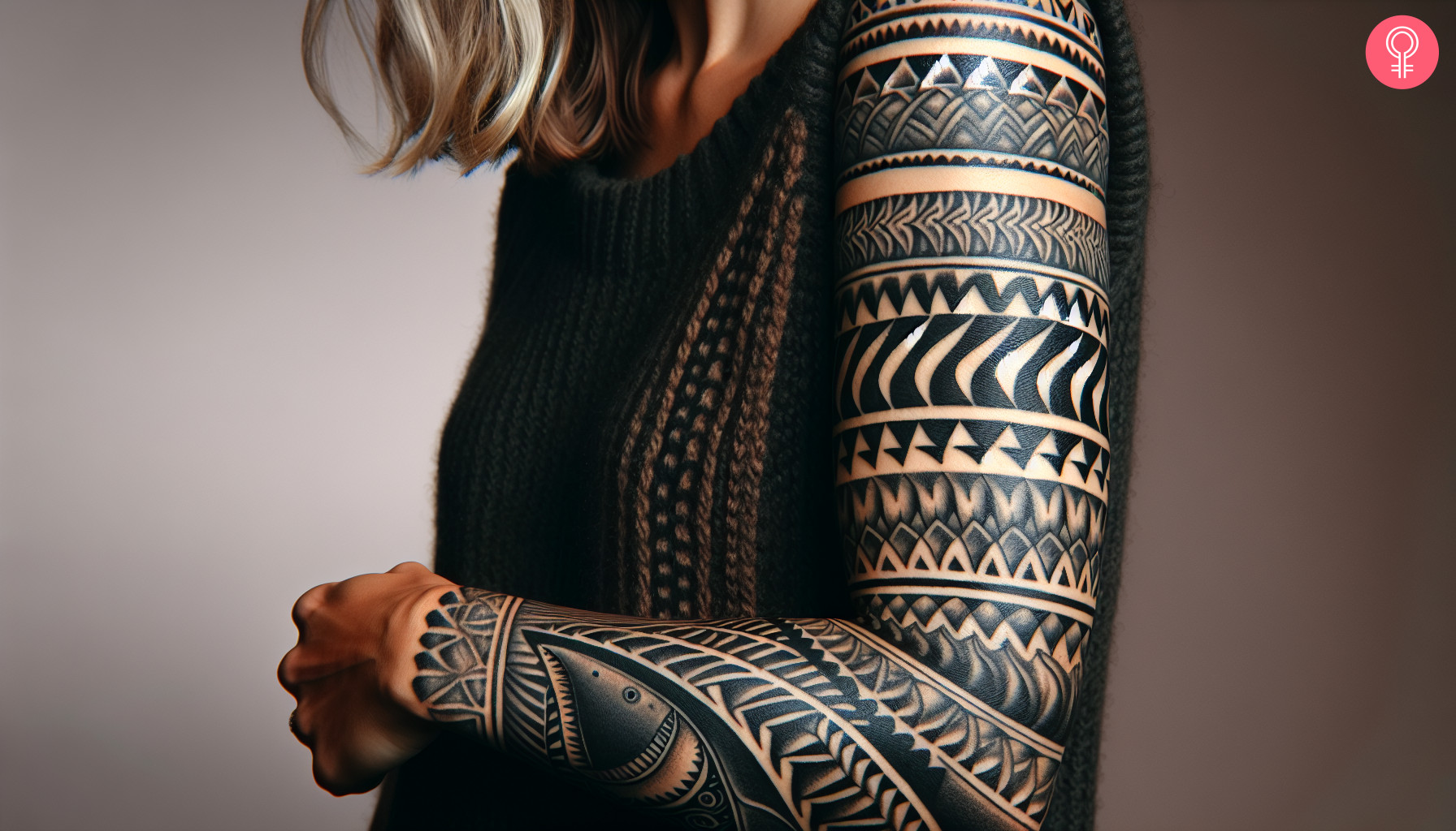 Woman with marquesan sleeve tattoo