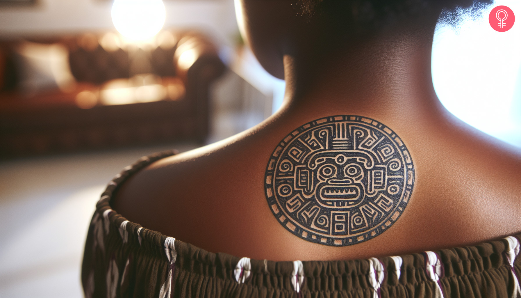 Woman with mayan glyph tattoo on her neck