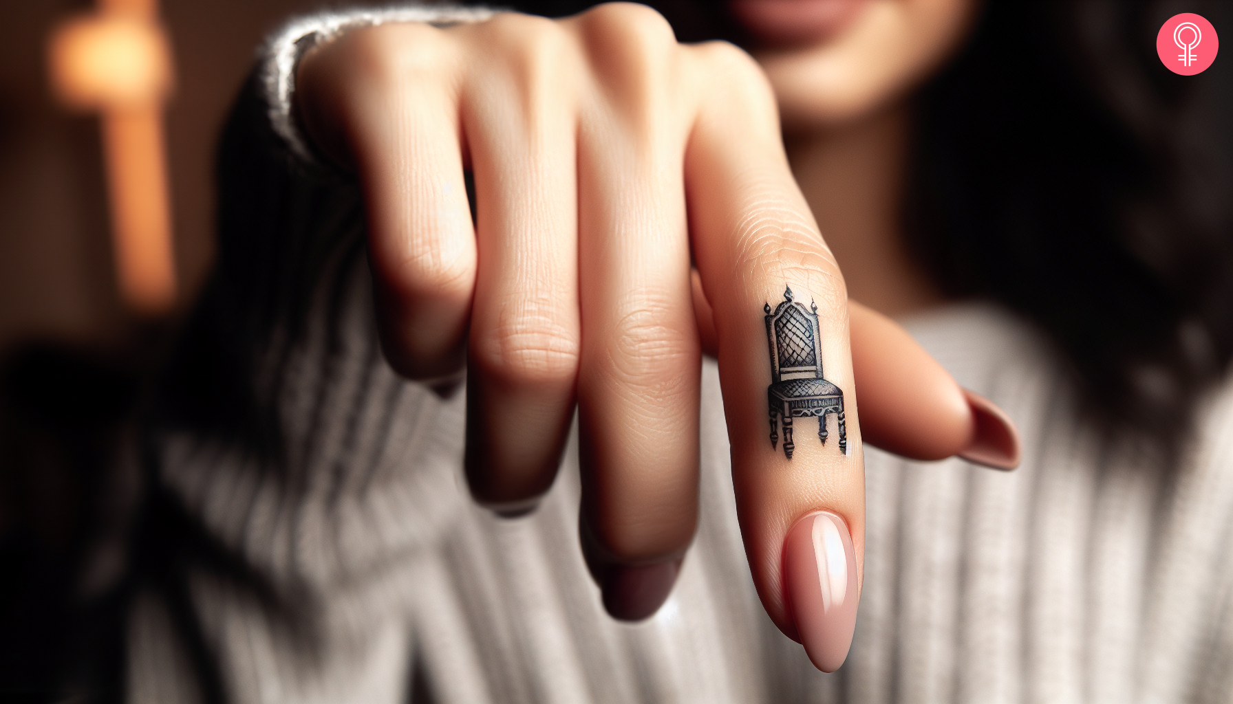 Woman with minimalist chair tattoo on her finger