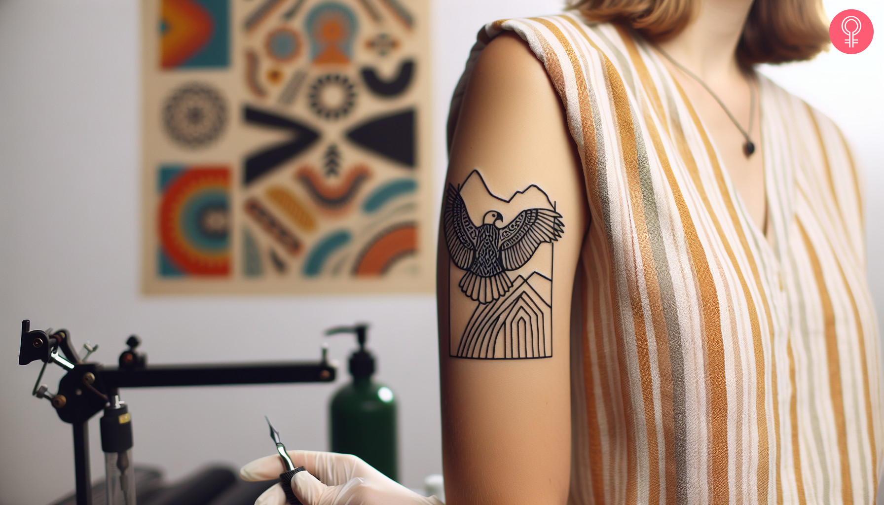 Woman with nazca lines condor tattoo on her upper arm