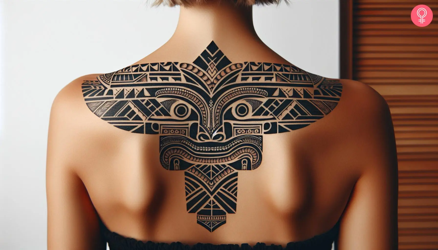 Woman with old marquesan tattoo on her upper back