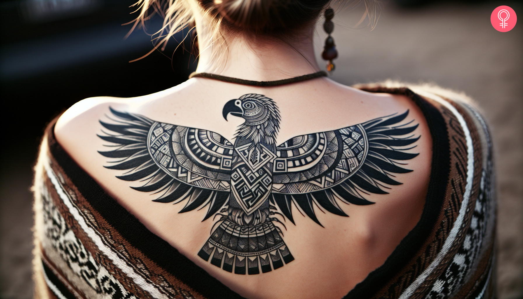 Woman with peruvian condor tattoo on her upper back