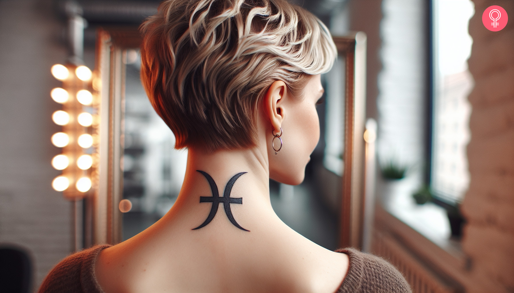 Woman with pisces glyph tattoo on her neck