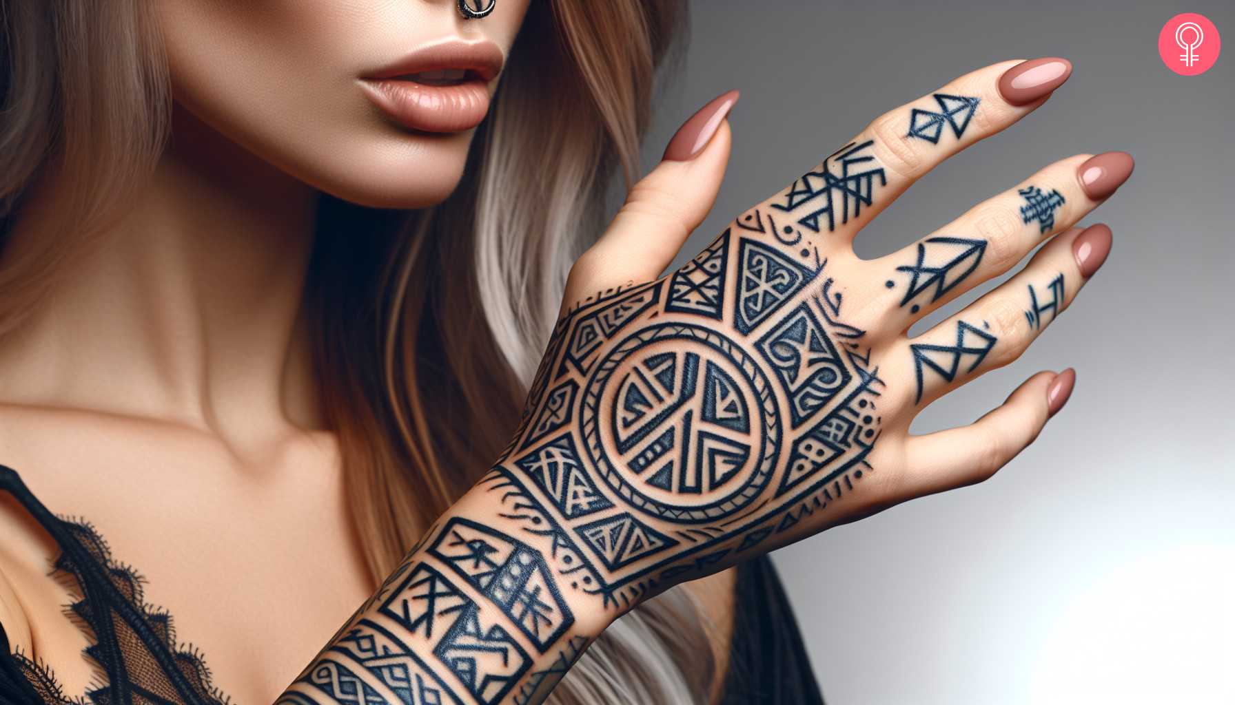 Woman with rune stone tattoo on her hand