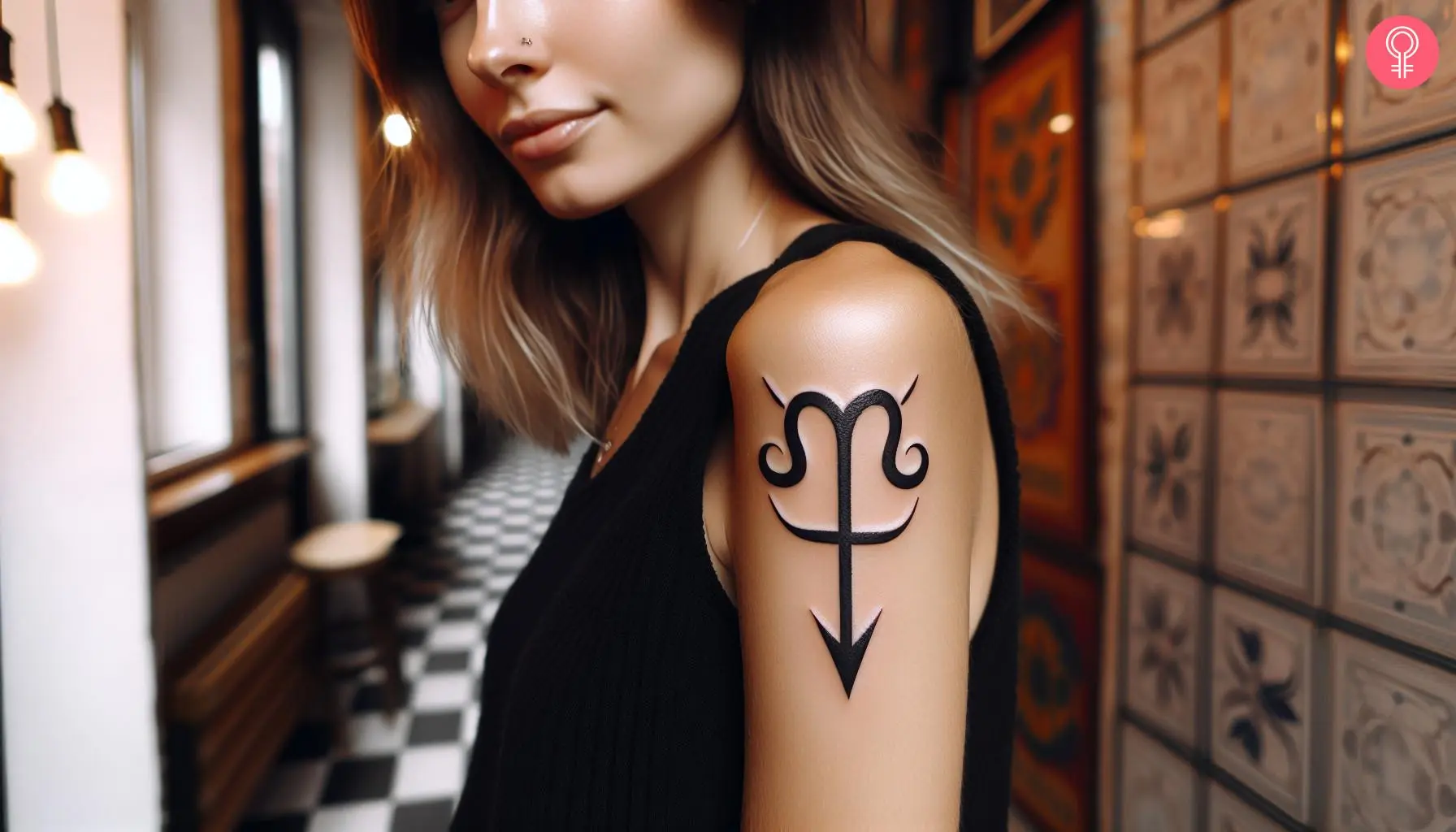 Woman with sagittarius glyph tattoo on her upper arm