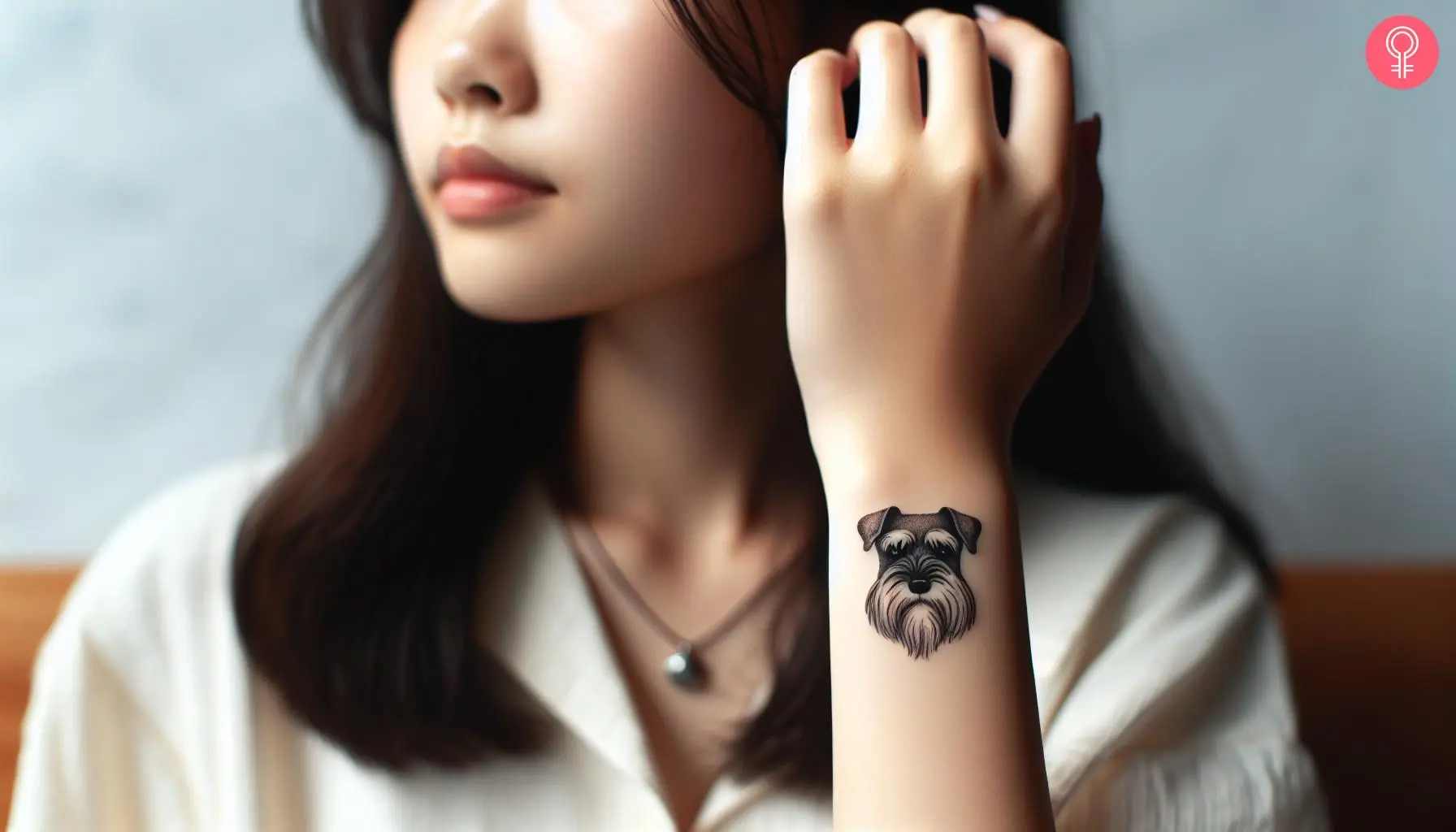 Woman with schnauzer face tattoo on her wrist