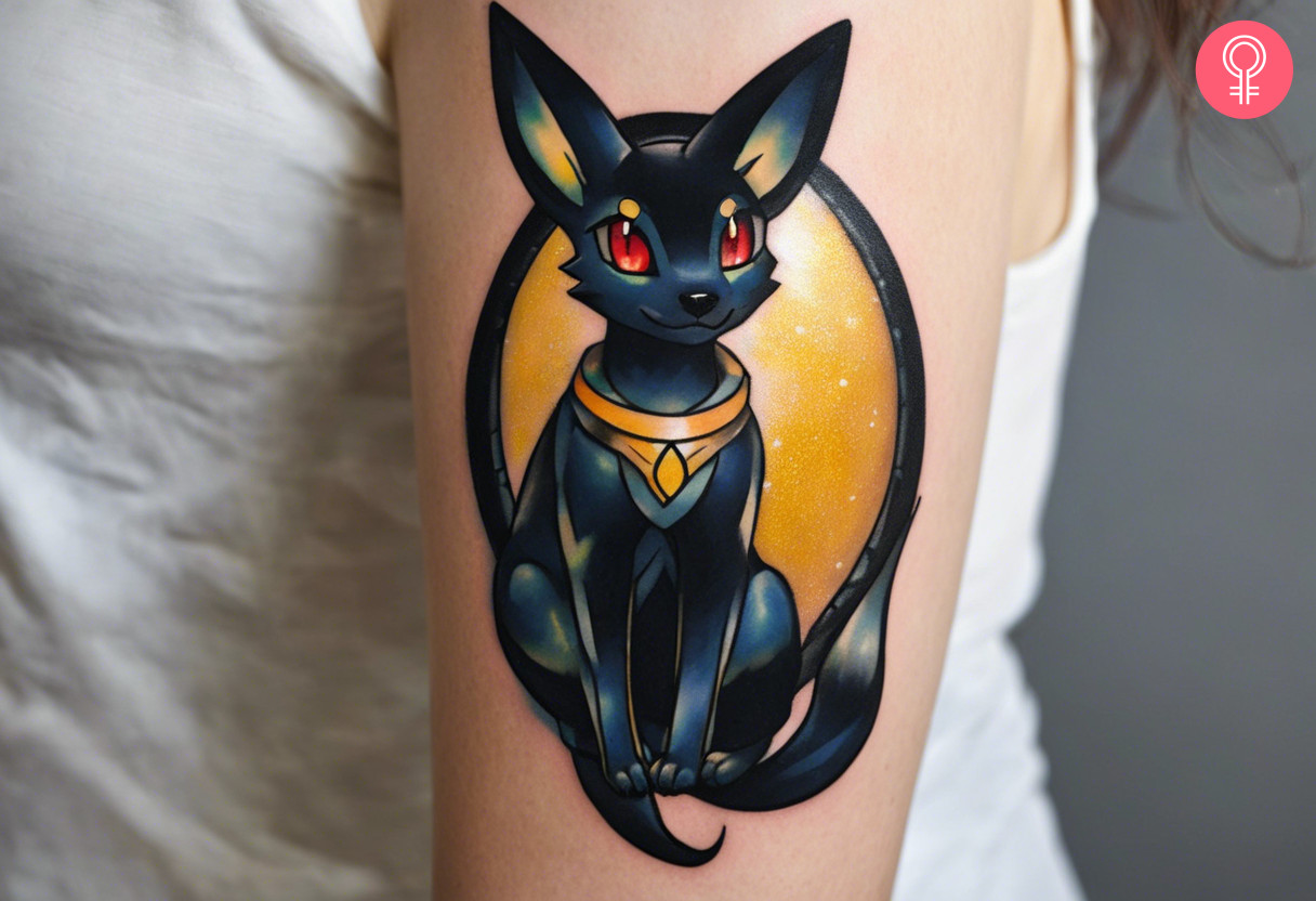 Woman with shiny Umbreon tattoo on her arm