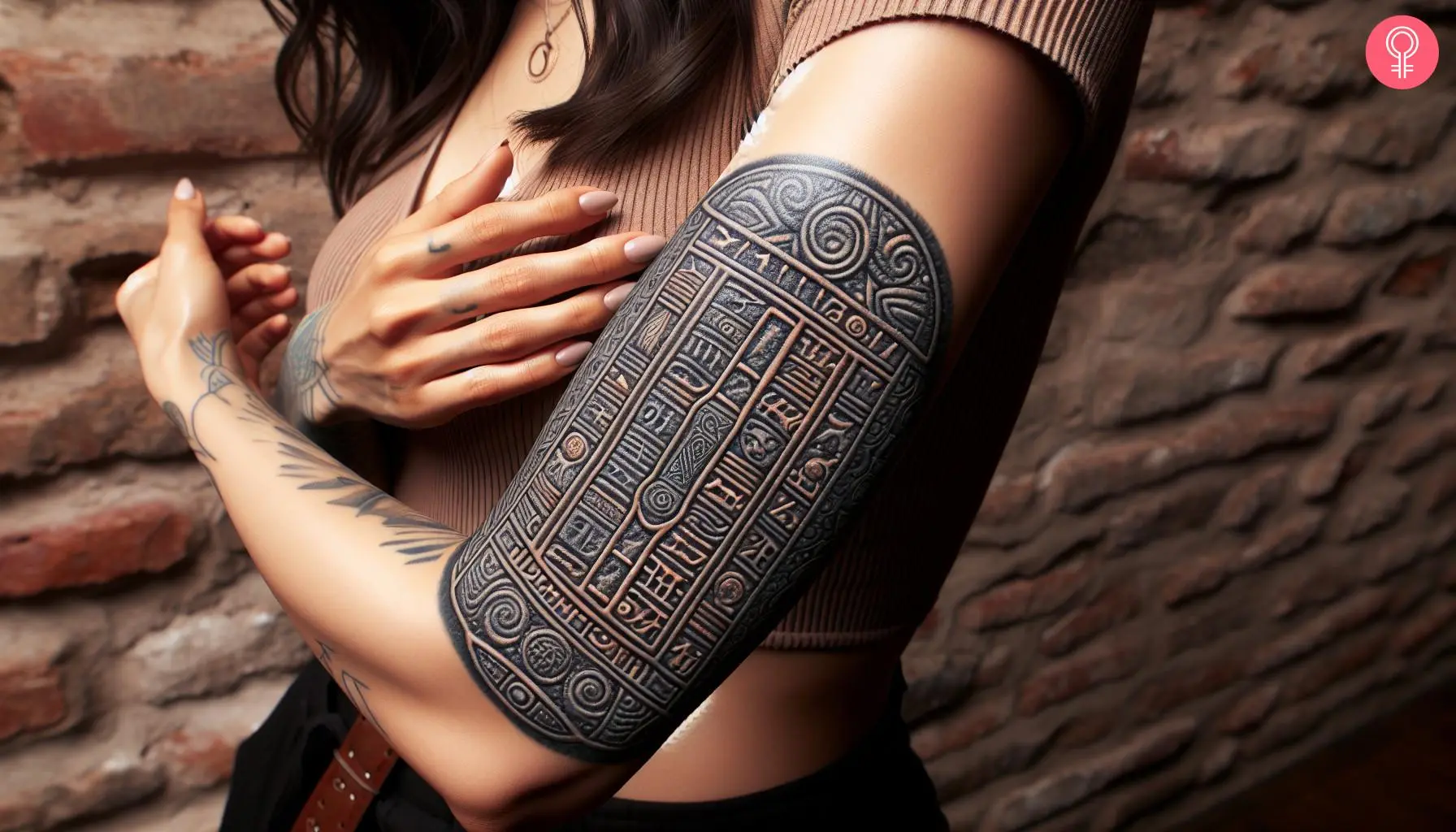 Woman with stone tablet tattoo on her outer arm