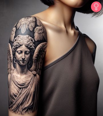 A woman with an amethyst tattoo on her upper arm