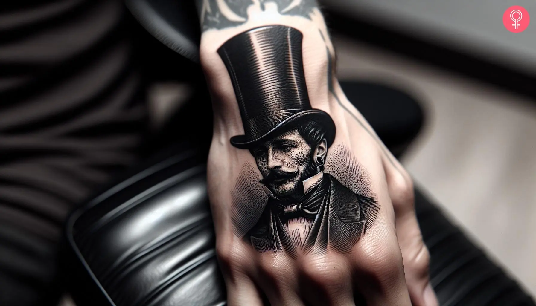 Woman with top hat gentleman tattoo on her hand